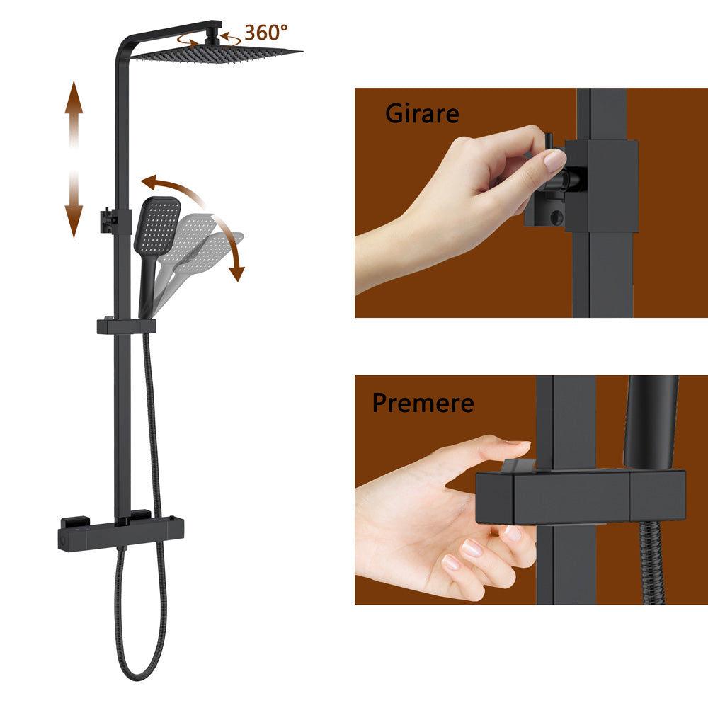 AICA Colonna Doccia Quadrato con Miscelatore Termostatico per Doccia, Doccia Soffione Colonna e Soffione Doccia,Matt Black