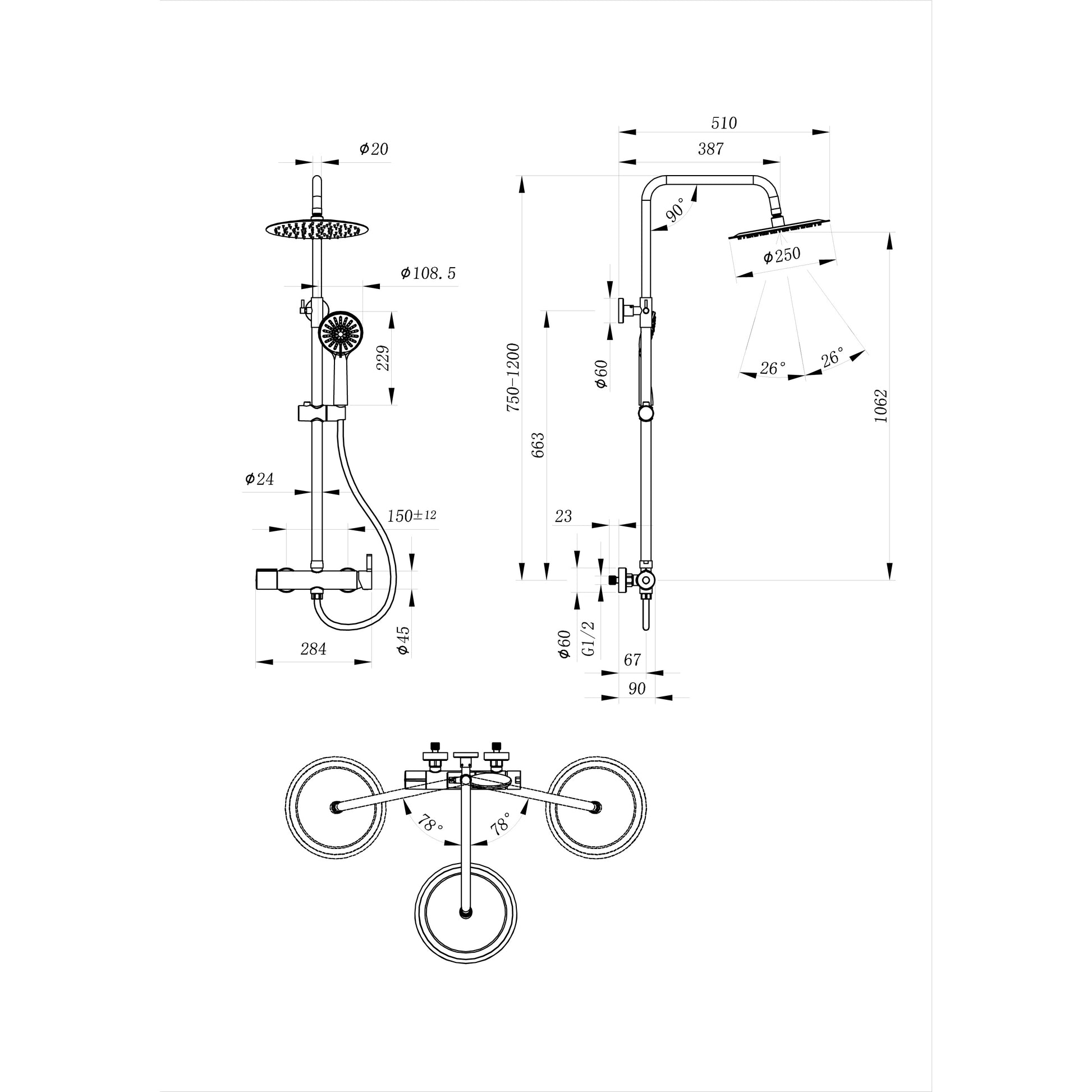 AICA Colonna doccia con miscelatore meccanico, rubinetto doccia 28x4.5cm, soffione doccia rotondo da 25cm in acciaio inox cromato