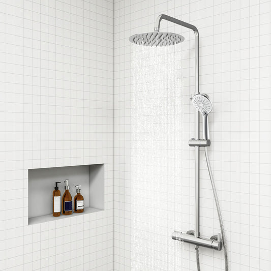 AICA Colonna doccia con miscelatore meccanico, rubinetto doccia 28x4.5cm, soffione doccia rotondo da 25cm in acciaio inox cromato