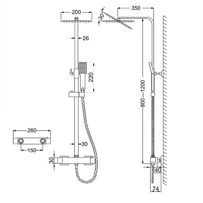 AICA Colonna Doccia con Miscelatore Termostatico, Soffione Doccia Quadrato in Acciaio Inox 20x20cm, Altezza Regolabile 80-120cm Nero Opaco