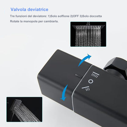 AICA Colonna Doccia con Miscelatore Termostatico, Rubinetto Doccia 300x45mm, Soffione Doccia Quadrato in Acciaio Inox 25x25cm, Altezza Regolabile, Set Doccia Completo, Nero opaco / Cromato