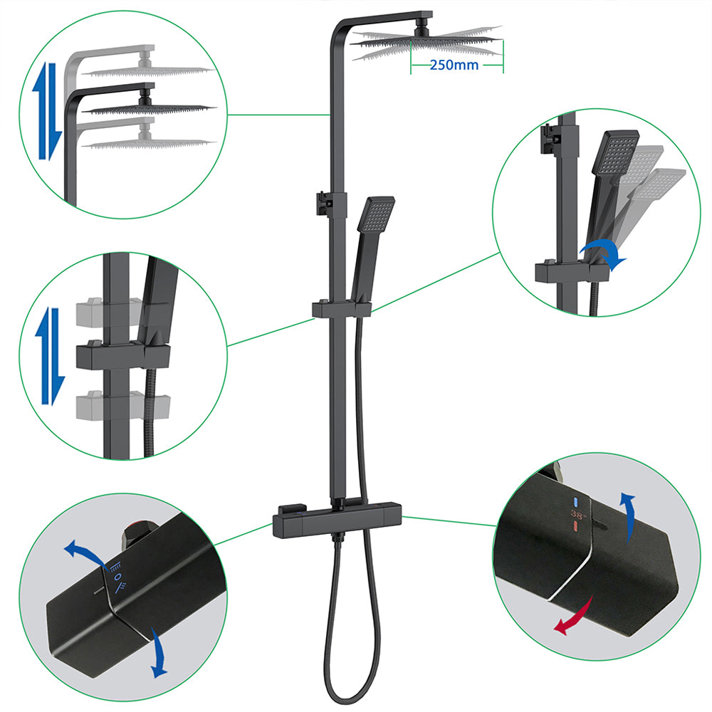 AICA Colonna Doccia con Miscelatore Termostatico, Rubinetto Doccia 300x45mm, Soffione Doccia Quadrato in Acciaio Inox 25x25cm, Altezza Regolabile, Set Doccia Completo, Nero opaco / Cromato