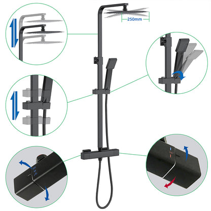 AICA Colonna Doccia con Miscelatore Termostatico, Rubinetto Doccia 300x45mm, Soffione Doccia Quadrato in Acciaio Inox 25x25cm, Altezza Regolabile, Set Doccia Completo, Nero opaco / Cromato