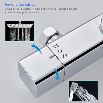 AICA Colonna Doccia con Miscelatore Termostatico, Rubinetto Doccia 300x45mm, Soffione Doccia Quadrato in Acciaio Inox 25x25cm, Altezza Regolabile, Set Doccia Completo, Nero opaco / Cromato