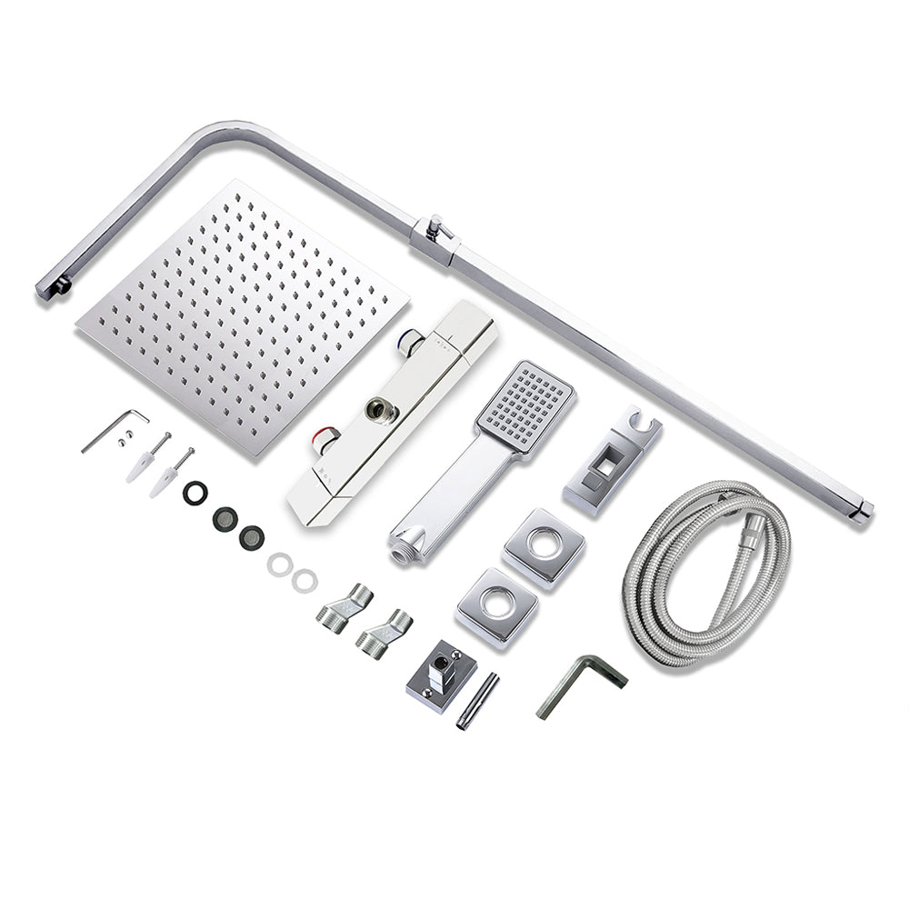 AICA Colonna Doccia con Miscelatore Termostatico, Rubinetto Doccia 300x45mm, Soffione Doccia Quadrato in Acciaio Inox 25x25cm, Altezza Regolabile, Set Doccia Completo, Nero opaco / Cromato