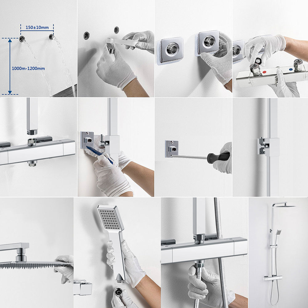 AICA Colonna Doccia con Miscelatore Termostatico, Rubinetto Doccia 300x45mm, Soffione Doccia Quadrato in Acciaio Inox 25x25cm, Altezza Regolabile, Set Doccia Completo, Nero opaco / Cromato