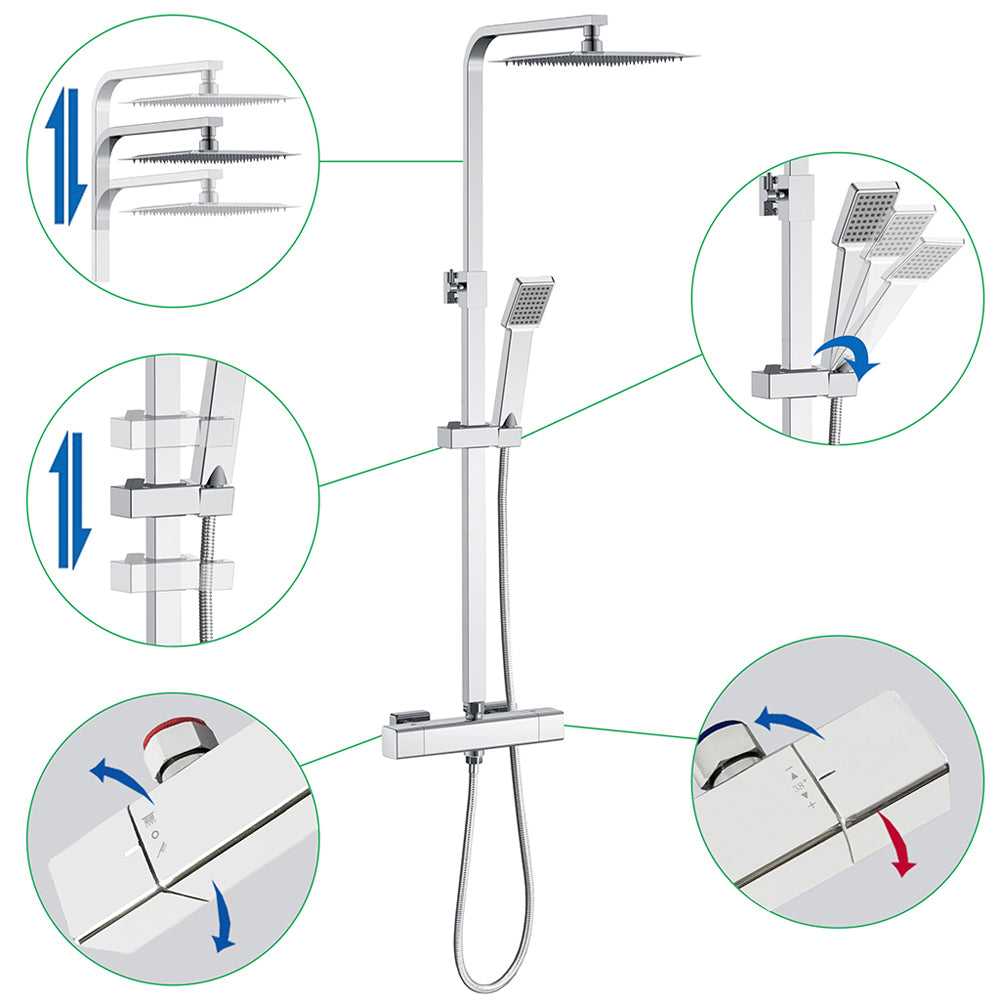 AICA Colonna Doccia con Miscelatore Termostatico, Rubinetto Doccia 300x45mm, Soffione Doccia Quadrato in Acciaio Inox 25x25cm, Altezza Regolabile, Set Doccia Completo, Nero opaco / Cromato