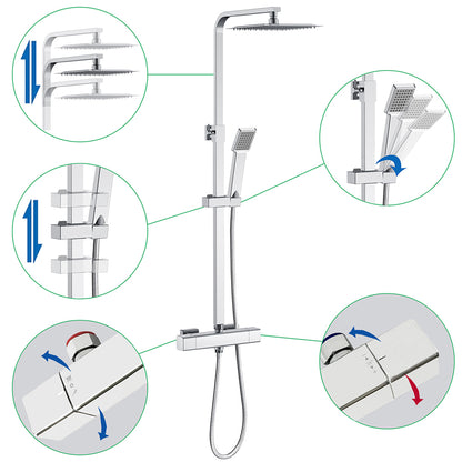 AICA Colonna Doccia con Miscelatore Termostatico, Rubinetto Doccia 300x45mm, Soffione Doccia Quadrato in Acciaio Inox 25x25cm, Altezza Regolabile, Set Doccia Completo, Nero opaco / Cromato