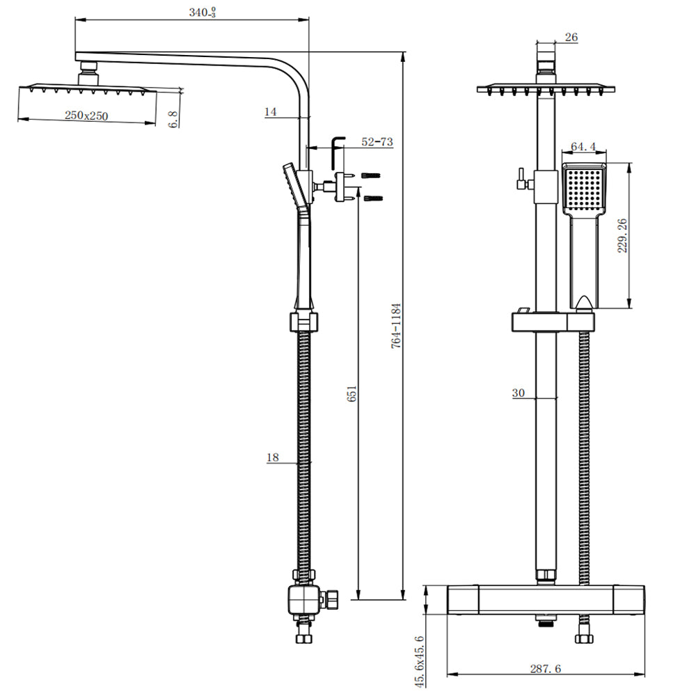 AICA Colonna Doccia con Miscelatore Termostatico, Rubinetto Doccia 300x45mm, Soffione Doccia Quadrato in Acciaio Inox 25x25cm, Altezza Regolabile, Set Doccia Completo, Nero opaco / Cromato