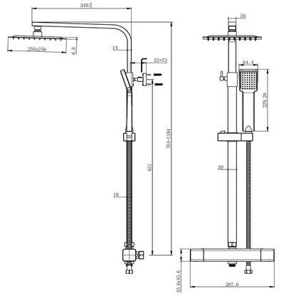 AICA Colonna Doccia con Miscelatore Termostatico, Rubinetto Doccia 300x45mm, Soffione Doccia Quadrato in Acciaio Inox 25x25cm, Altezza Regolabile, Set Doccia Completo, Nero opaco / Cromato