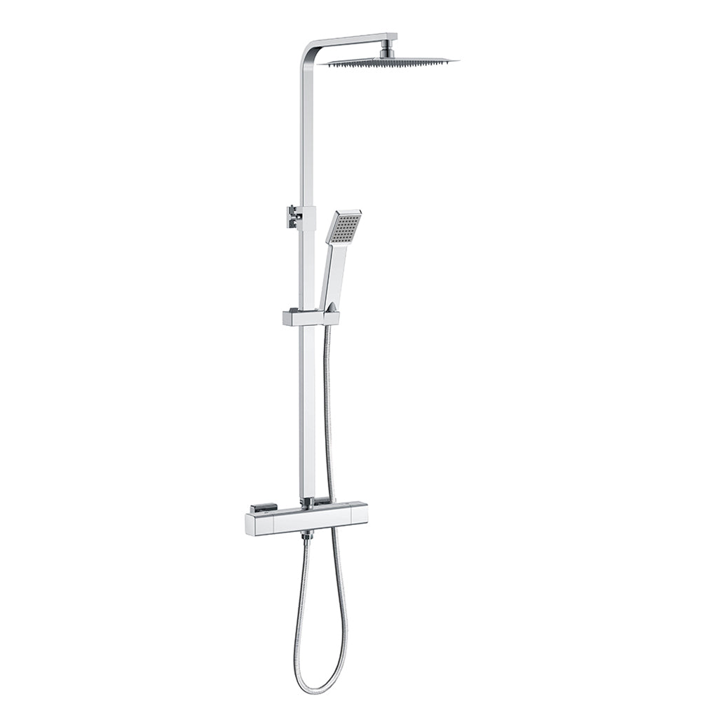 AICA Colonna Doccia con Miscelatore Termostatico, Rubinetto Doccia 300x45mm, Soffione Doccia Quadrato in Acciaio Inox 25x25cm, Altezza Regolabile, Set Doccia Completo, Nero opaco / Cromato Cromato