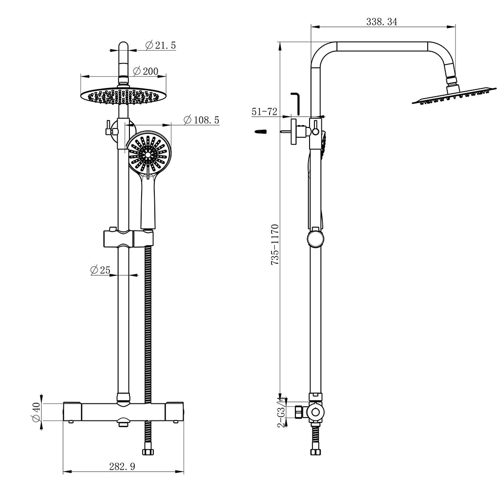AICA Colonna Doccia con Miscelatore Termostatico, Set Doccia Completo, Soffione Doccia Tondo in Acciaio Inox, Altezza Regolabile, Rubinetto Doccia, Matt Black / Cromato