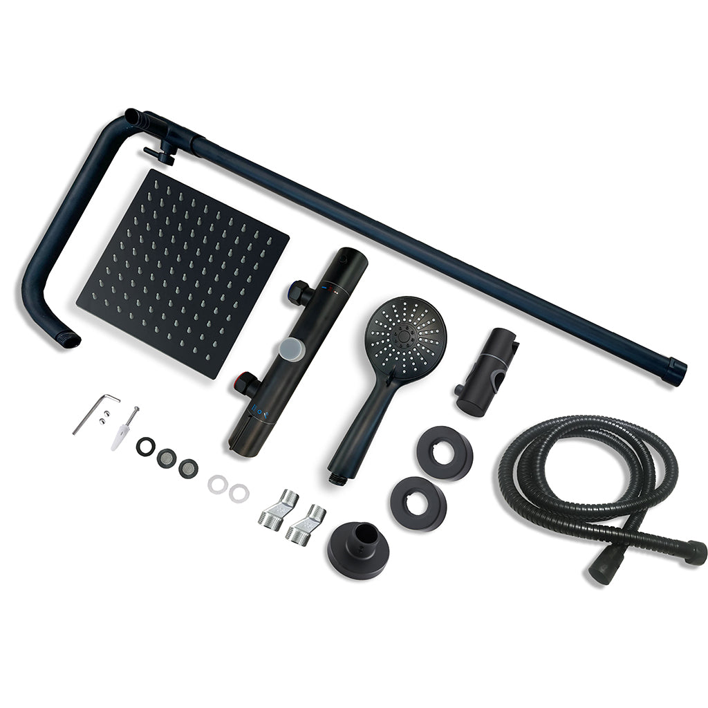 AICA Colonna Doccia con Miscelatore Termostatico, Set Doccia Completo, Rubinetto Doccia, Soffione Doccia Quadrato in Acciaio Inox, Altezza Regolabile, Matt Black / Cromato