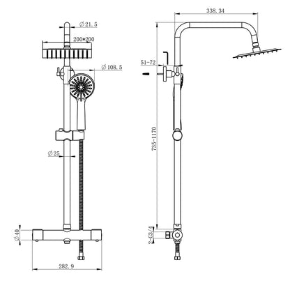 AICA Colonna Doccia con Miscelatore Termostatico, Set Doccia Completo, Rubinetto Doccia, Soffione Doccia Quadrato in Acciaio Inox, Altezza Regolabile, Matt Black / Cromato
