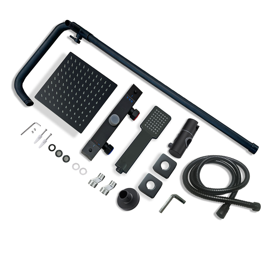 AICA Colonna Doccia con Miscelatore Termostatico, Rubinetto Doccia, Soffione Doccia Quadrato in Acciaio Inox, Altezza Regolabile, Set Doccia Completo, Matt Black / Cromato