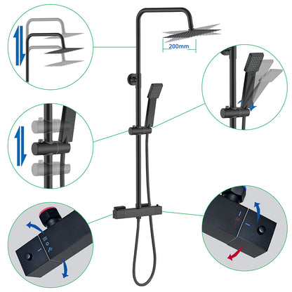 AICA Colonna Doccia con Miscelatore Termostatico, Rubinetto Doccia, Soffione Doccia Quadrato in Acciaio Inox, Altezza Regolabile, Set Doccia Completo, Matt Black / Cromato