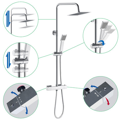 AICA Colonna Doccia con Miscelatore Termostatico, Rubinetto Doccia, Soffione Doccia Quadrato in Acciaio Inox, Altezza Regolabile, Set Doccia Completo, Matt Black / Cromato