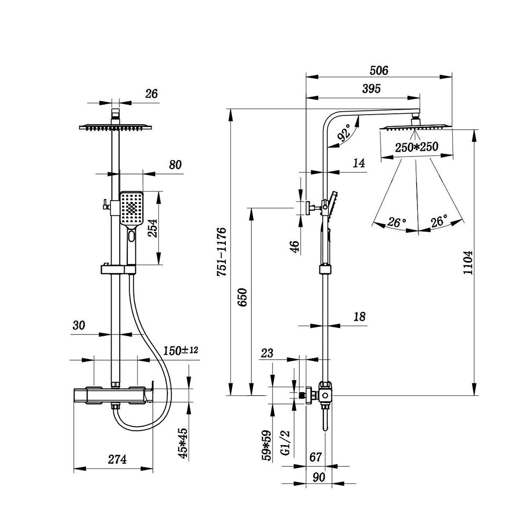 AICA Colonna doccia con miscelatore meccanico, rubinetto doccia 27x4.5cm, soffione doccia quadrato 25x25cm in acciaio inox cromato
