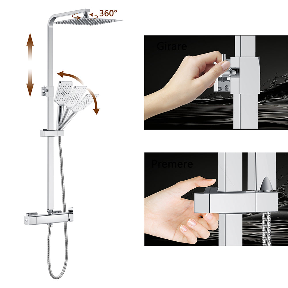 AICA Colonna doccia con miscelatore meccanico, rubinetto doccia 27x4.5cm, soffione doccia quadrato 25x25cm in acciaio inox cromato