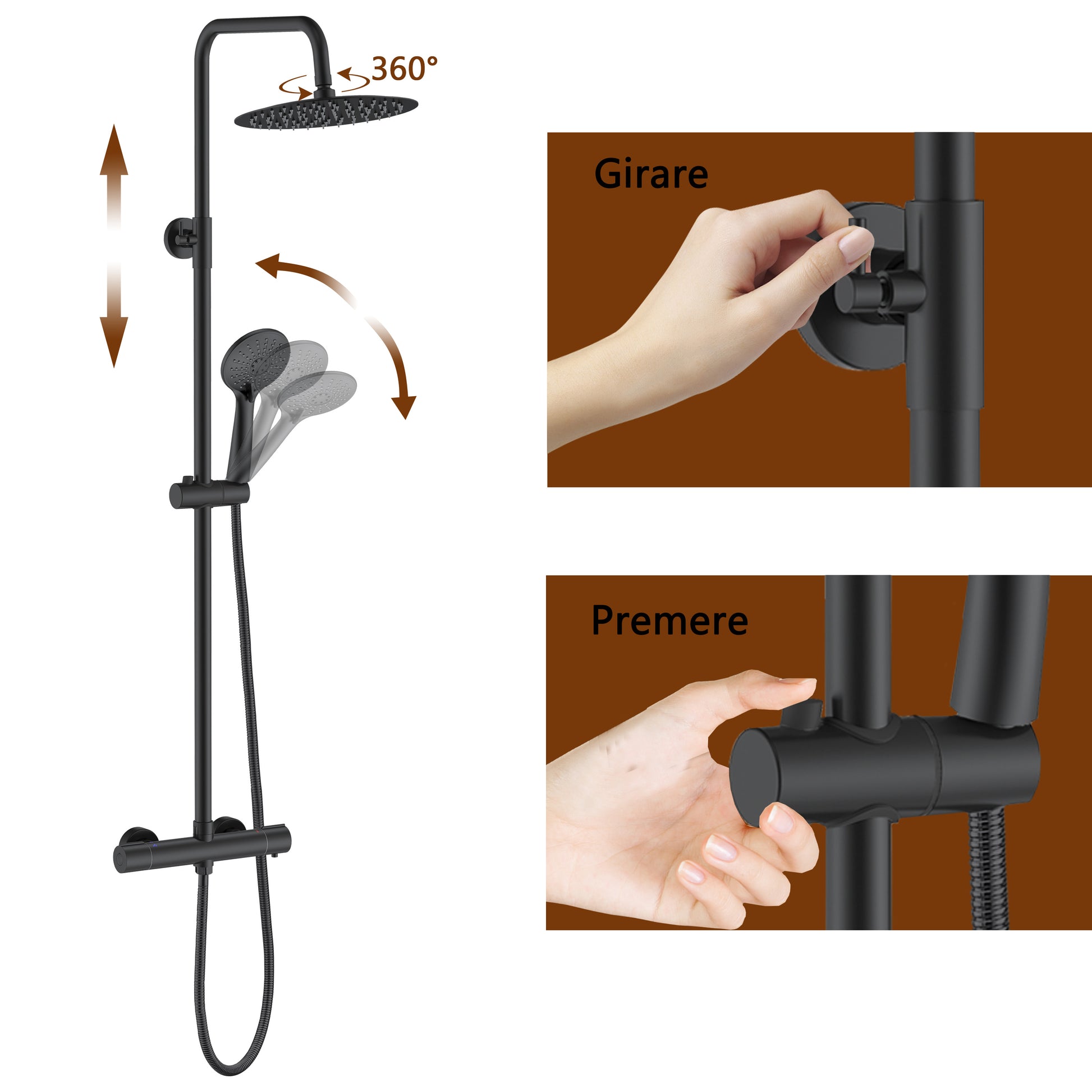 AICA Colonna Doccia Rotondo con Miscelatore Termostatico per Doccia, Doccia Soffione Colonna e Soffione Doccia, Matt Black