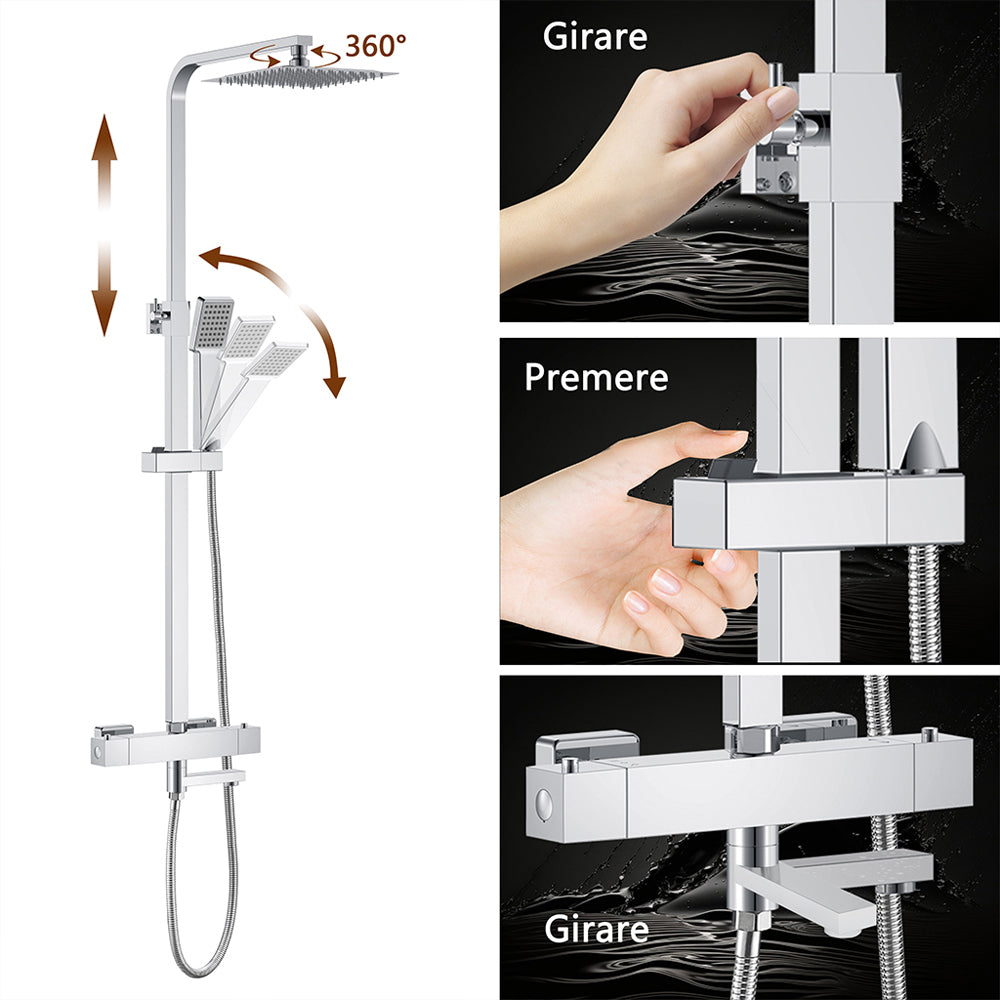 AICA Colonna doccia con miscelatore termostatico, rubinetto doccia rettangolare 28x4cm con beccuccio girevole 90° cromato
