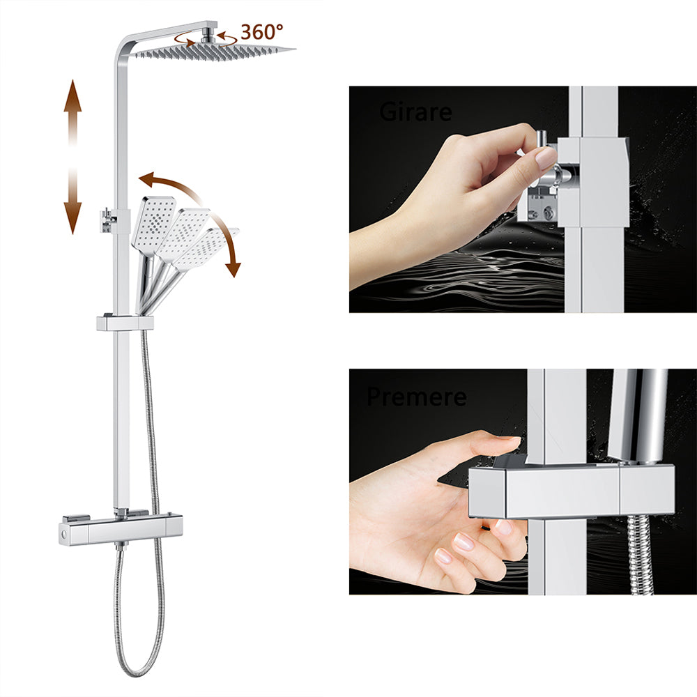 AICA Colonna doccia con miscelatore termostatico, rubinetto doccia 29x4.5cm, soffione doccia quadrato 25x25cm in acciaio inox cromato o Nero opaco