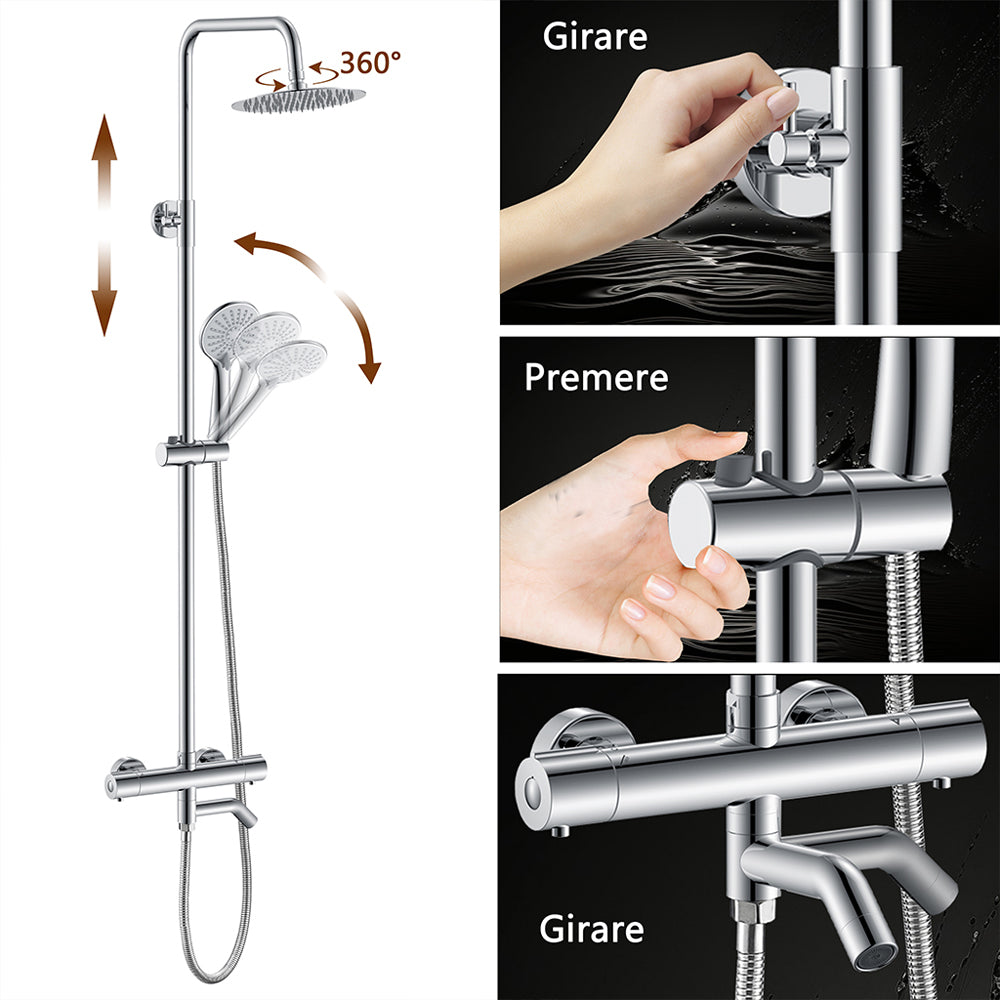 AICA Colonna doccia con miscelatore termostatico, rubinetto doccia cilindro 28x4cm con beccuccio girevole 90??° cromato