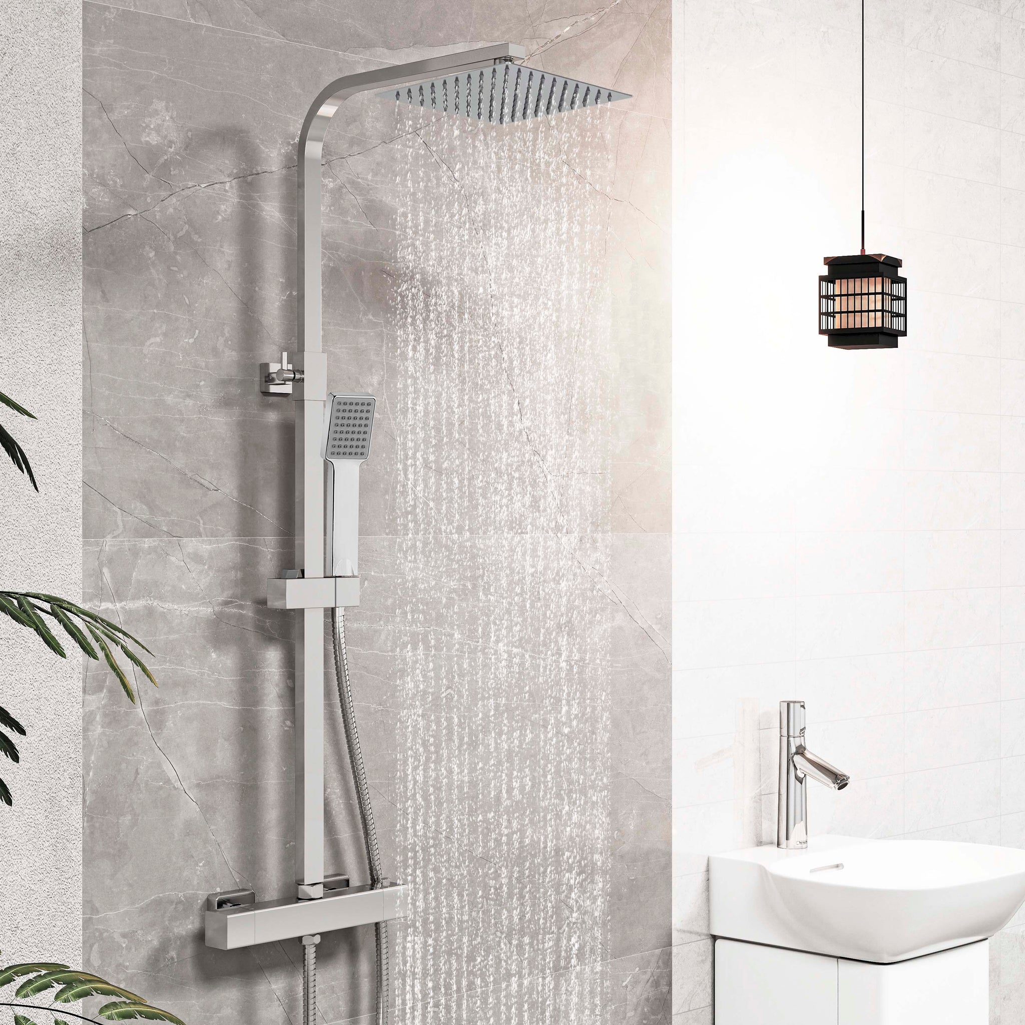 Doccia AICA con miscelatore termostatico e soffione quadrato 20x20 cm in acciaio inox, regolabile in altezza, colori disponibili cromo o nero - Consegna gratuita