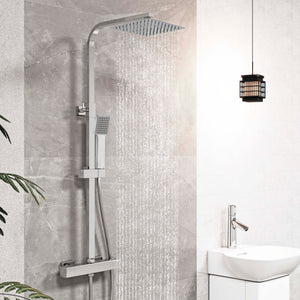 Doccia AICA con miscelatore termostatico e soffione quadrato 20x20 cm in acciaio inox, regolabile in altezza, colori disponibili cromo o nero
