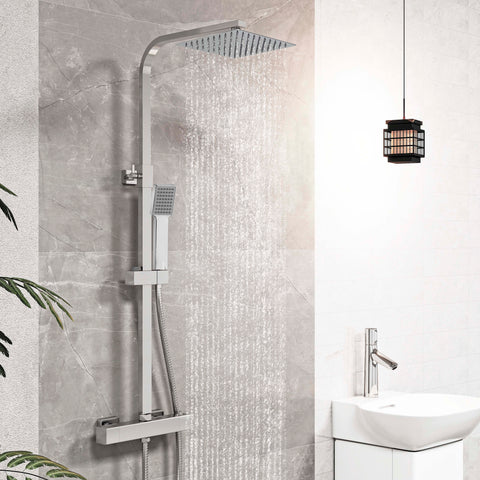 Doccia AICA con miscelatore termostatico e soffione quadrato 20x20 cm in acciaio inox, regolabile in altezza, colori disponibili cromo o nero