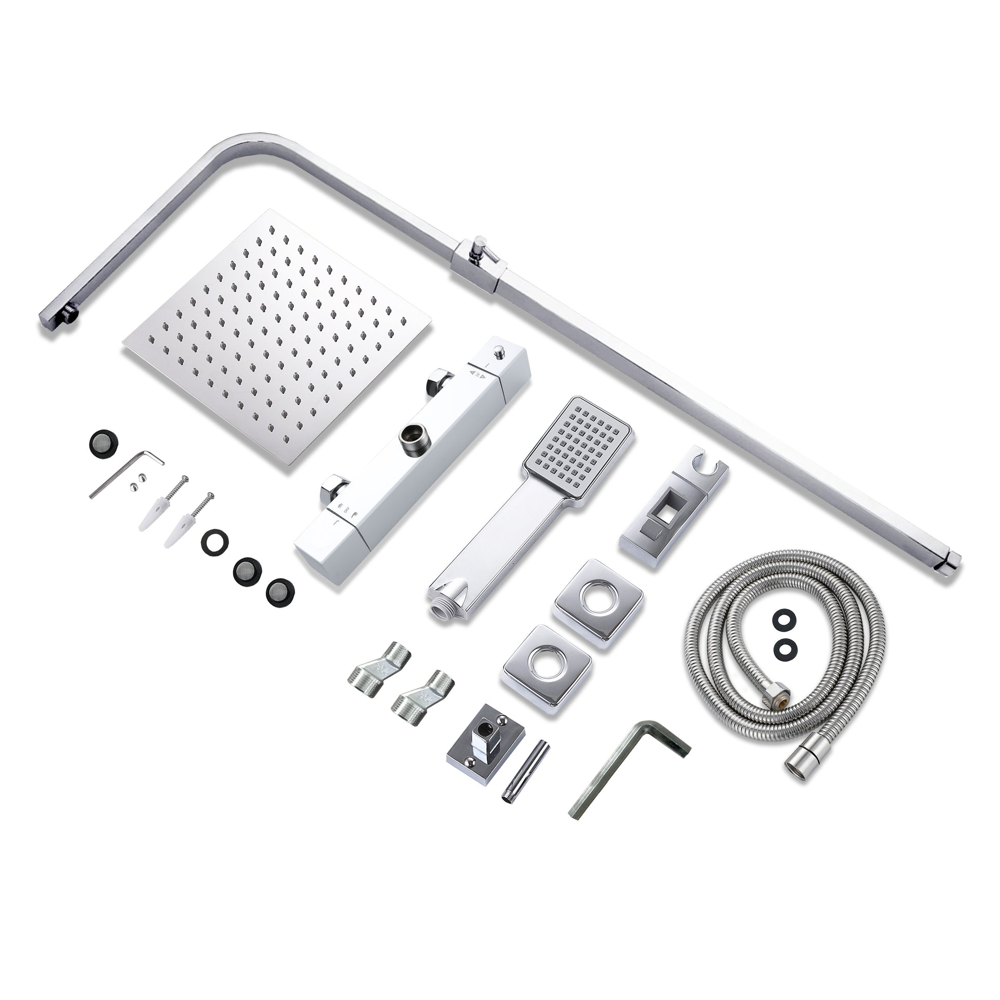 Doccia AICA con miscelatore termostatico e soffione quadrato 20x20a???cm in acciaio inox, regolabile in altezza, colori disponibili cromo o nero