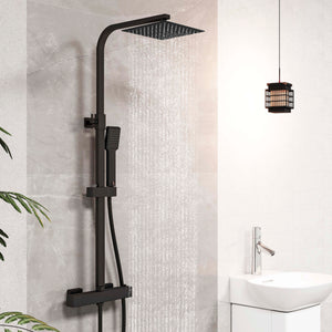 Doccia AICA con miscelatore termostatico e soffione quadrato 20x20 cm in acciaio inox, regolabile in altezza, colori disponibili cromo o nero