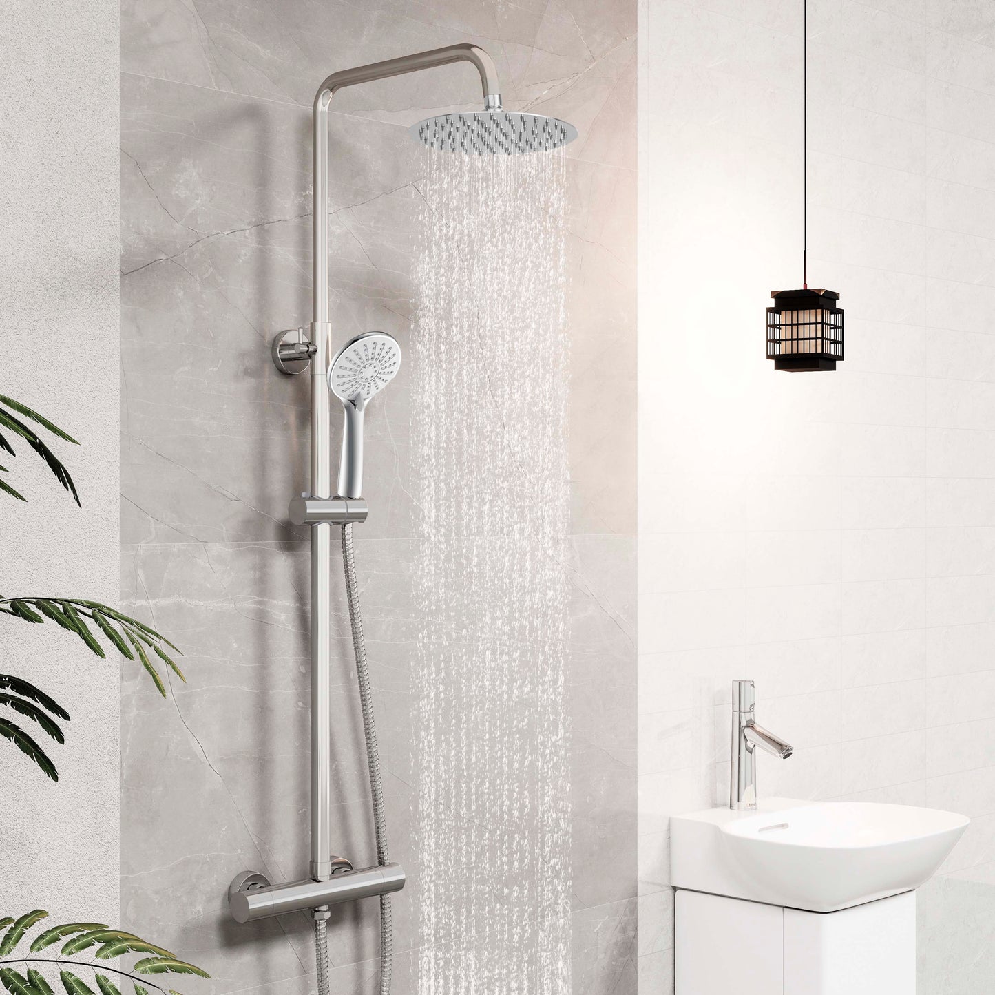 Sistema doccia AICA con miscelatore termostatico e soffione in acciaio inox da 20 cm di diametro, regolabile in altezza, color cromo.