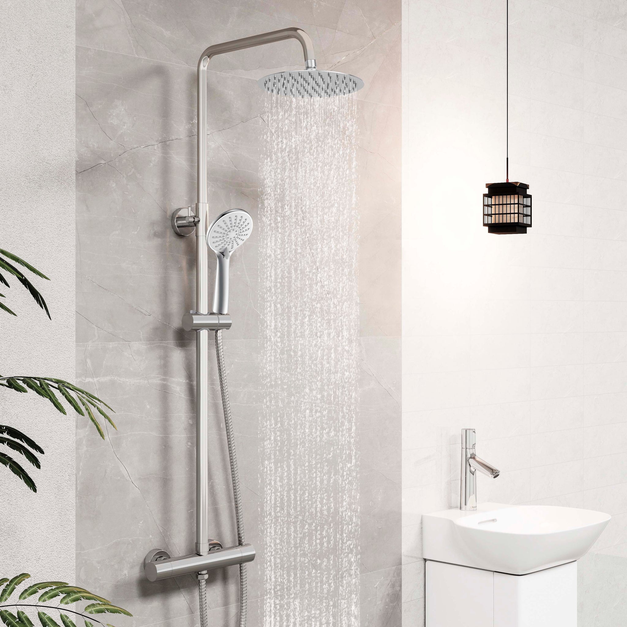 Sistema doccia AICA con miscelatore termostatico e soffione in acciaio inox da 20 cm di diametro, regolabile in altezza, color cromo. - Consegna gratuita