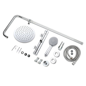 Sistema doccia AICA con miscelatore termostatico e soffione in acciaio inox da 20 cm di diametro, regolabile in altezza, color cromo.