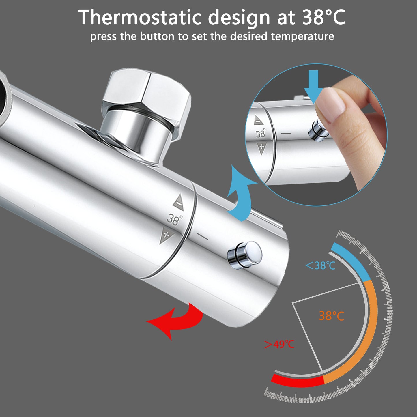 Sistema doccia AICA con miscelatore termostatico e soffione in acciaio inox da 20 cm di diametro, regolabile in altezza, color cromo.