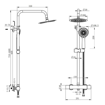 Sistema doccia AICA con miscelatore termostatico e soffione in acciaio inox da 20 cm di diametro, regolabile in altezza, color cromo.