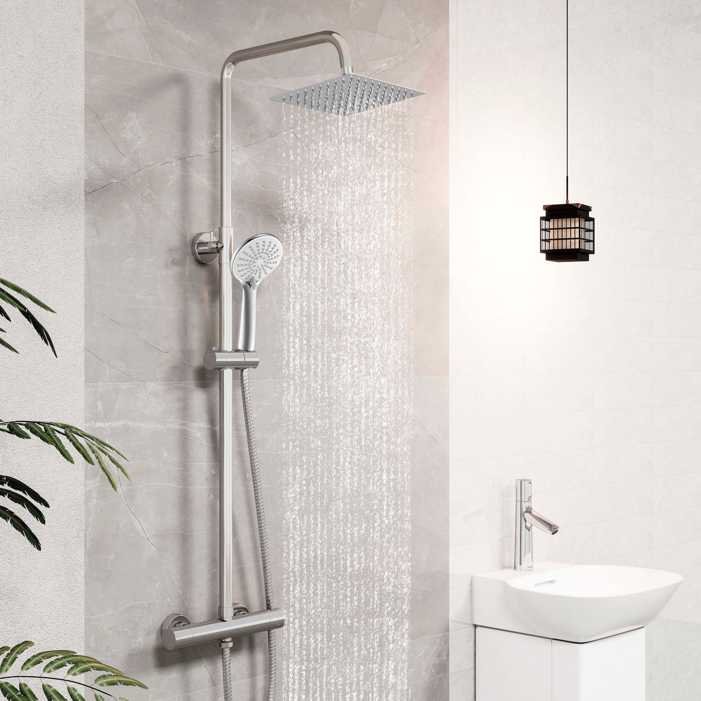 AICA Colonna doccia doccia con miscelatore termostatico, soffione quadrato 20x20cm in acciaio inox, regolabile in altezza, disponibile in cromo/nero