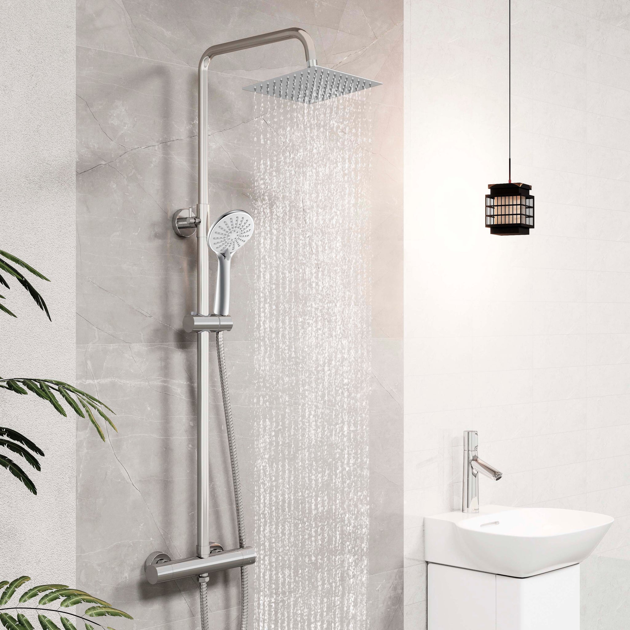 AICA Palo doccia con miscelatore termostatico, soffione quadrato 20x20cm in acciaio inox, regolabile in altezza, disponibile in cromo/nero - Consegna gratuita