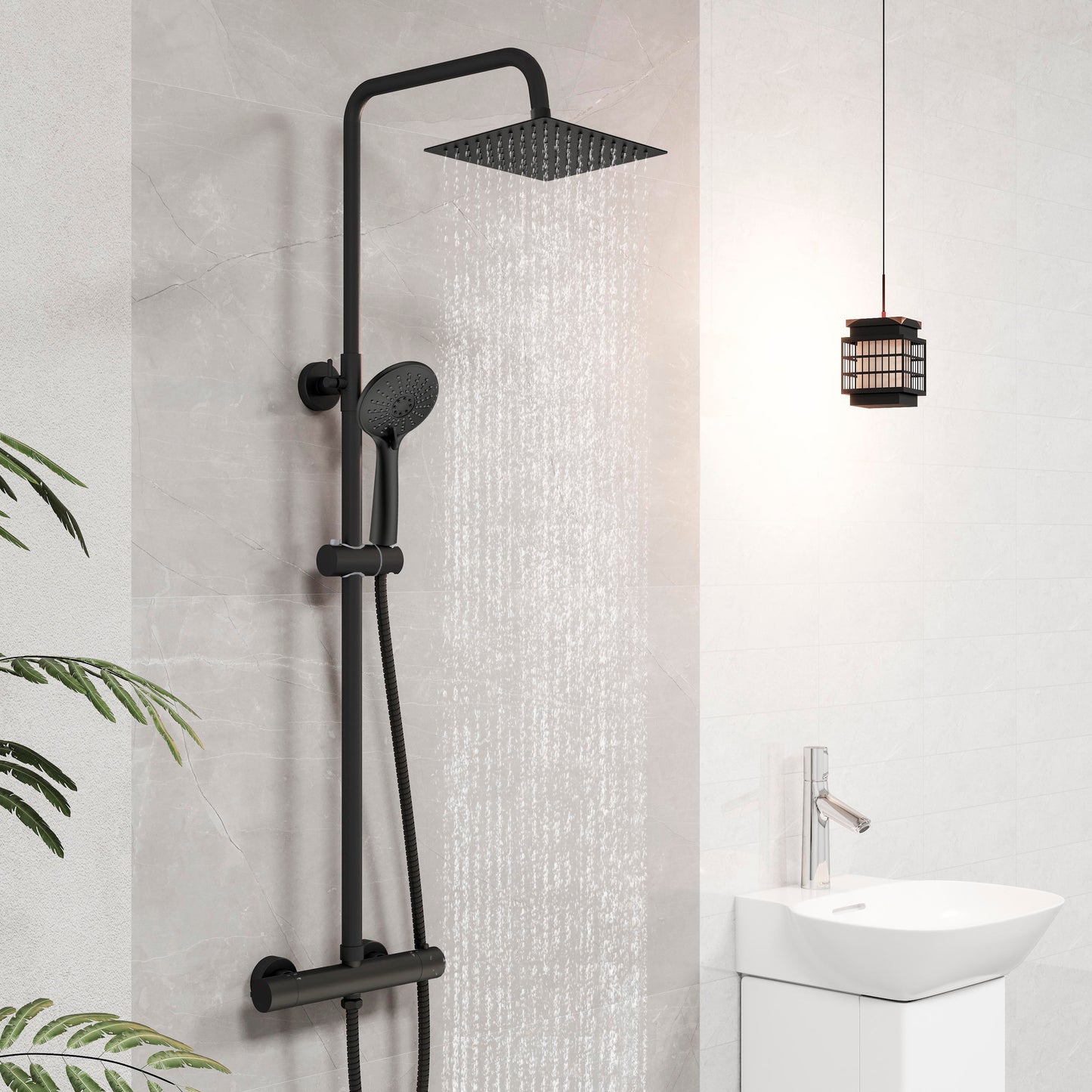 AICA Colonna doccia doccia con miscelatore termostatico, soffione quadrato 20x20cm in acciaio inox, regolabile in altezza, disponibile in cromo/nero