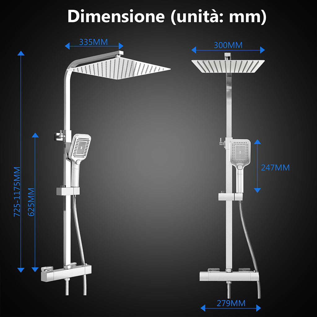 Colonna doccia termostatica, dotata di soffione quadrato 30x30 e doccetta con 3 modalità di getto, regolabile in altezza tra 72 e 120 centimetri#Cromato