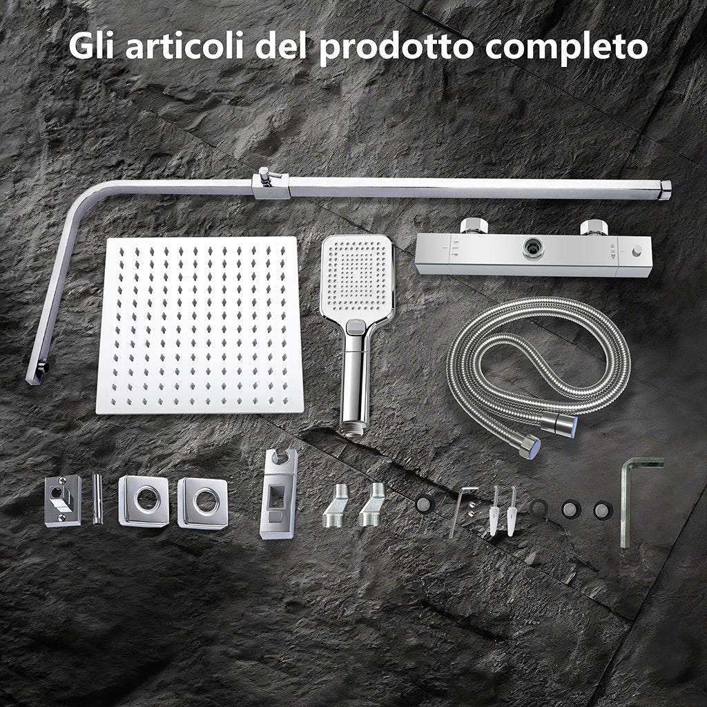 Colonna doccia termostatica, dotata di soffione quadrato 30x30 e doccetta con 3 modalità di getto, regolabile in altezza tra 72 e 120 centimetri#Cromato