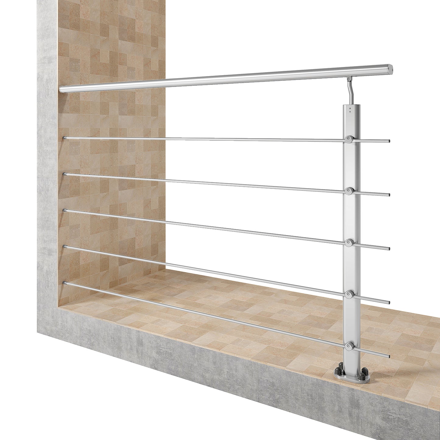 Ringhiera Balaustra in Alluminio Nero Opaco o Argento Opaco L. 100/150/200 cm a Montaggio a Pavimento, con Supporto di Collegamento a Parete#Argento