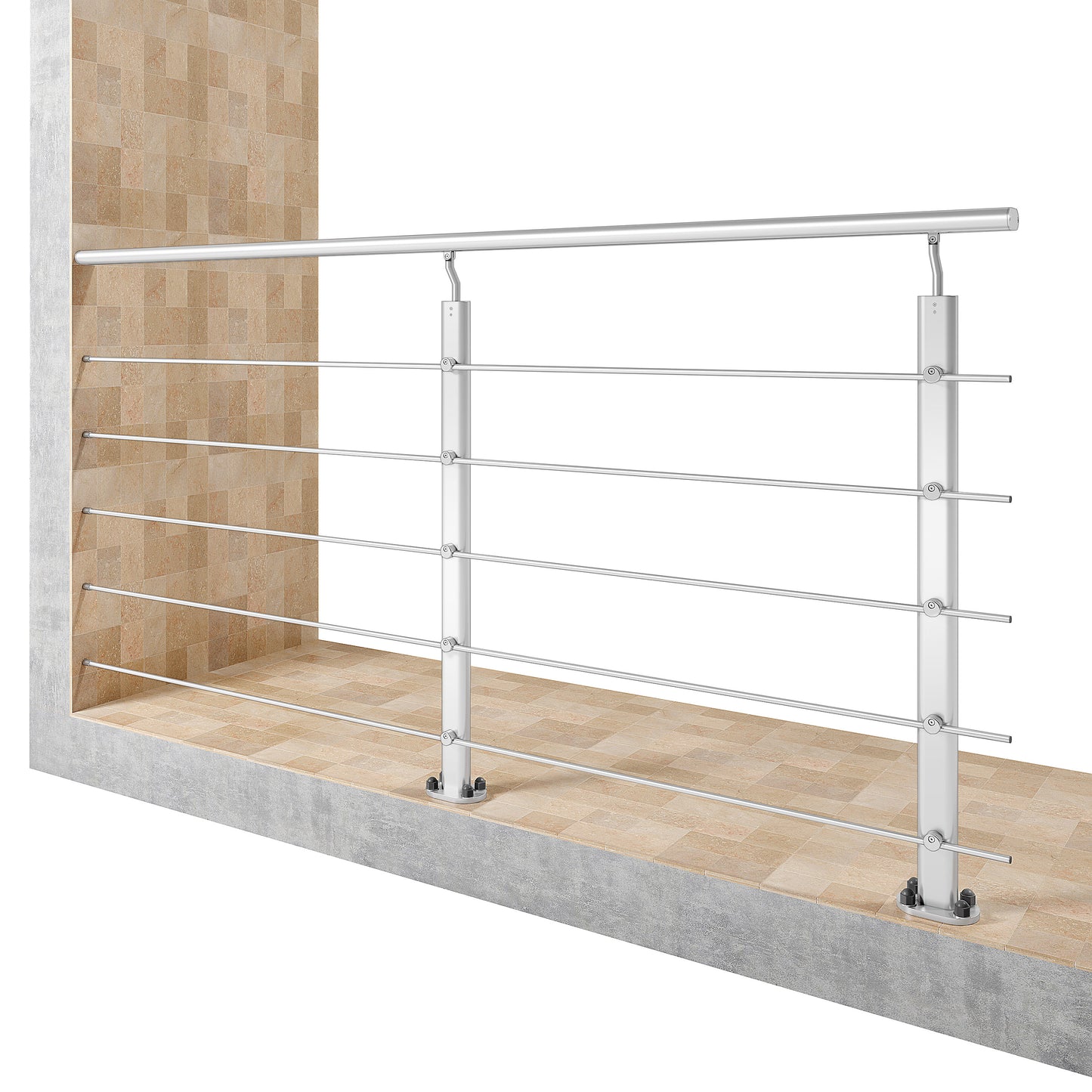 Ringhiera Balaustra in Alluminio Nero Opaco o Argento Opaco L. 100/150/200 cm a Montaggio a Pavimento, con Supporto di Collegamento a Parete#Argento