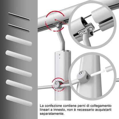 Ringhiera Parapetto in Alluminio Nero Opaco o Argento Opaco L. 100/150/200 cm a Montaggio a Parete, con supporto di collegamento a Parete#Argento
