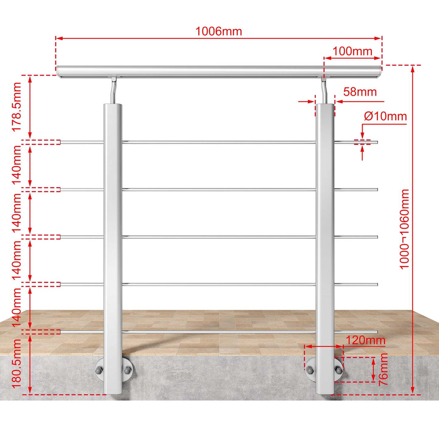 Ringhiera Balaustra in Alluminio Argento Opaco o Nero Opaco L. 100/150/200 cm a Montaggio a Parete, con Supporto di Collegamento a Parete Argento 100cm#Argento