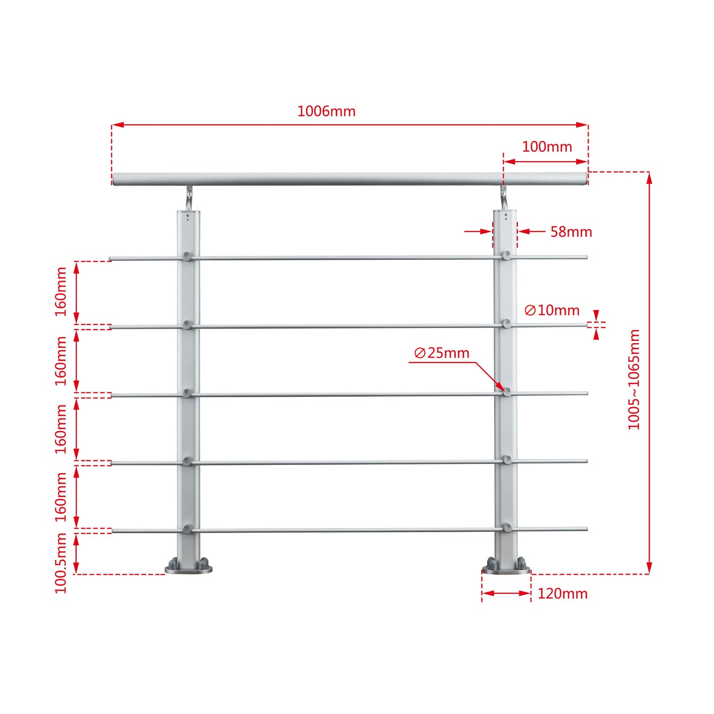 Ringhiera Parapetto in Alluminio Argento o Nero Opaco — Disponibile in 3 Misure: L. 100/150/200 cm — Montaggio a Pavimento per Interni ed Esterni Argento 100cm#Argento