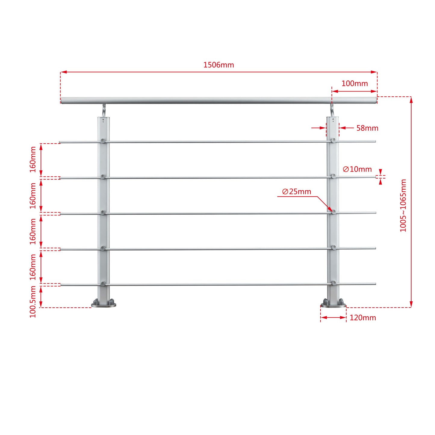 Ringhiera Parapetto in Alluminio Argento o Nero Opaco — Disponibile in 3 Misure: L. 100/150/200 cm — Montaggio a Pavimento per Interni ed Esterni Argento 150cm#Argento
