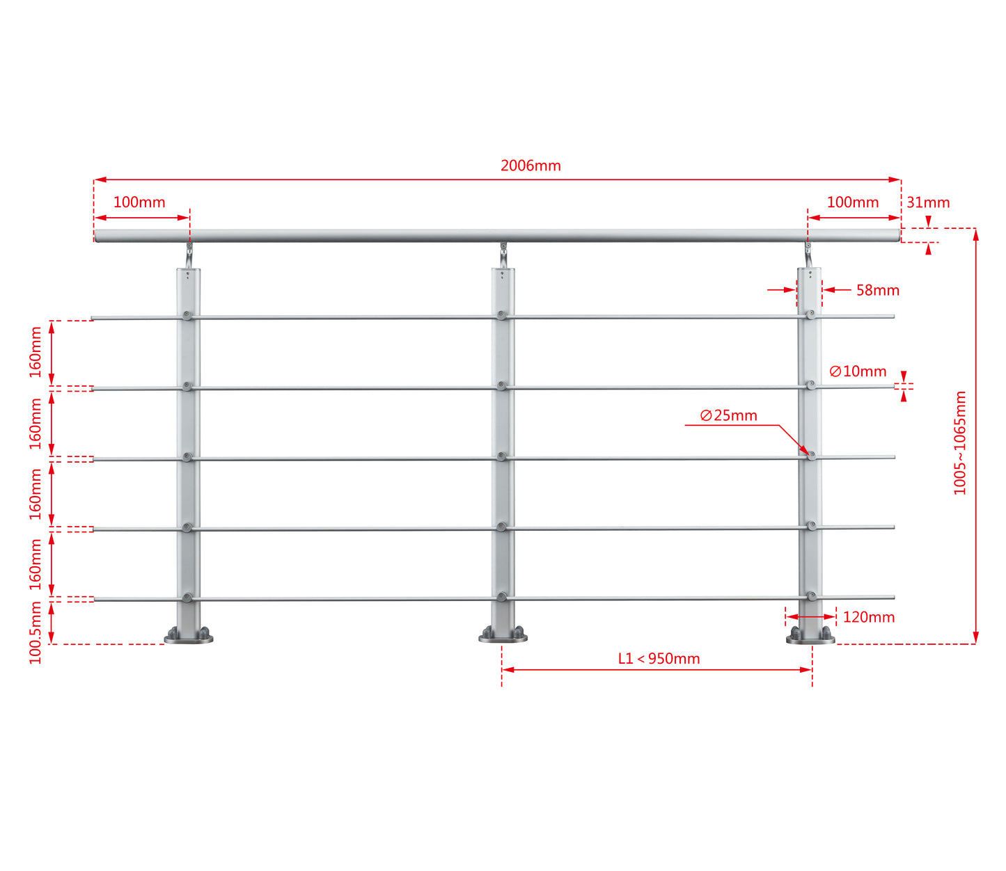 Ringhiera Parapetto in Alluminio Argento o Nero Opaco — Disponibile in 3 Misure: L. 100/150/200 cm — Montaggio a Pavimento per Interni ed Esterni Argento 200cm#Argento