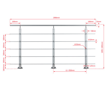 Ringhiera Parapetto in Alluminio Argento o Nero Opaco — Disponibile in 3 Misure: L. 100/150/200 cm — Montaggio a Pavimento per Interni ed Esterni Argento 200cm#Argento